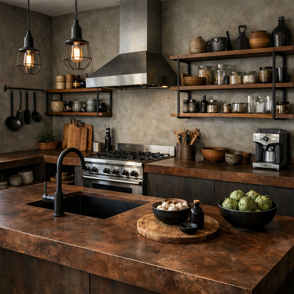 A modern kitchen featuring brown concrete countertops, industrial appliances, and wooden shelves.