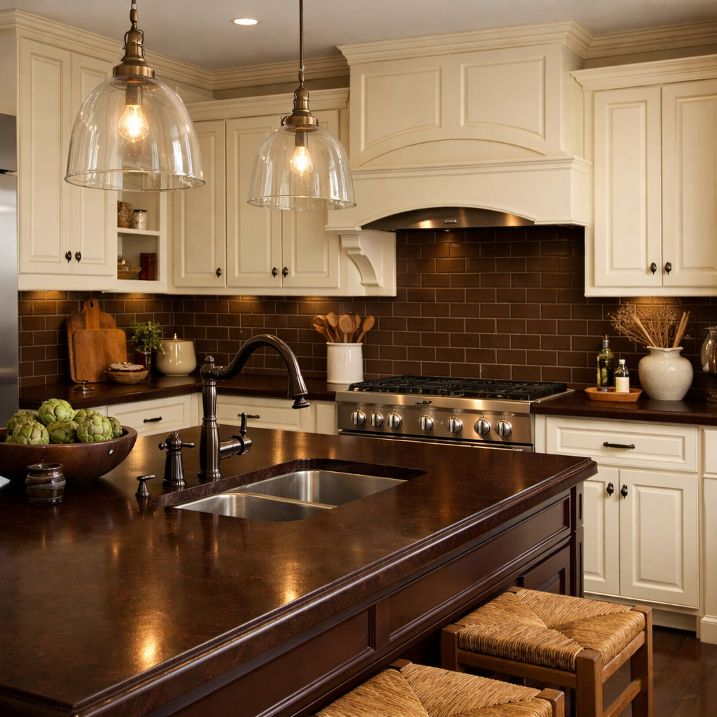 Kitchen featuring cream cabinets and chocolate brown countertops