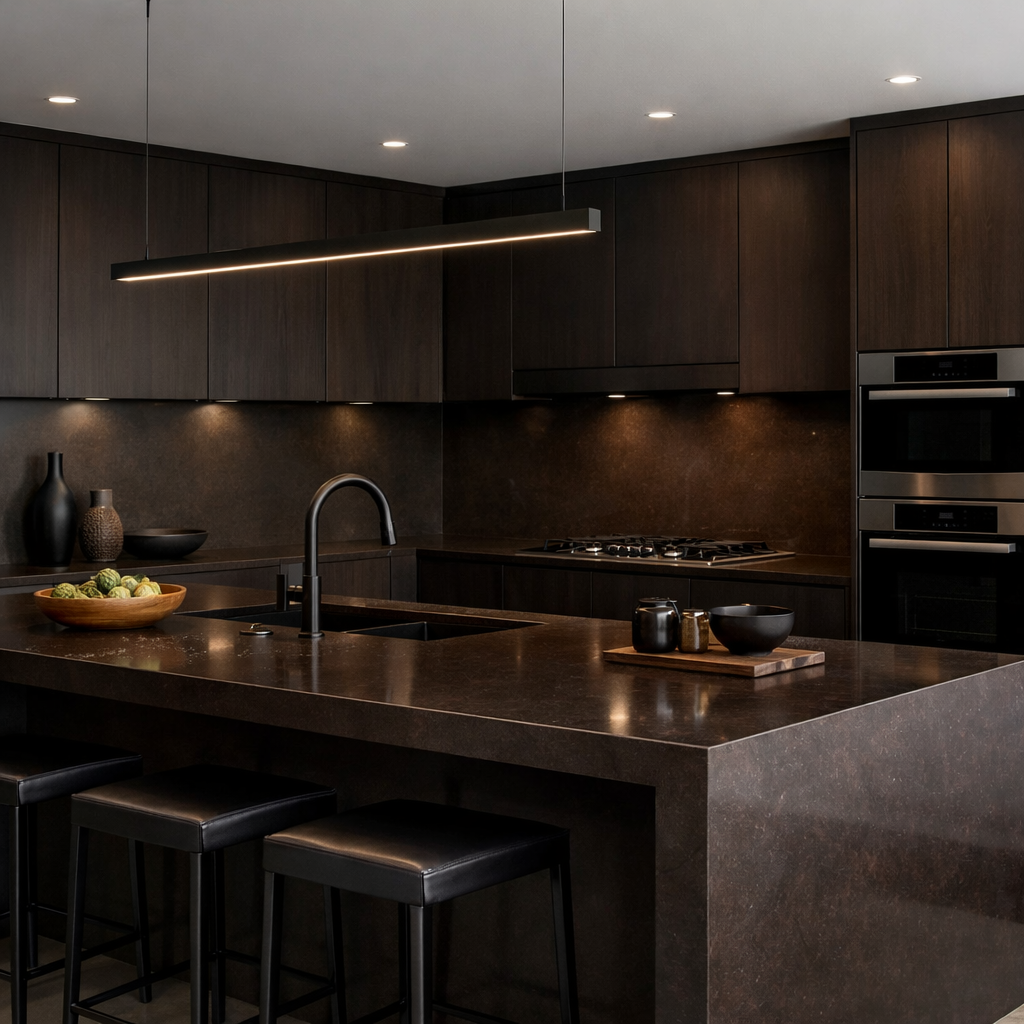 A modern kitchen featuring espresso brown countertops and cabinetry, with stylish black stools and warm lighting.