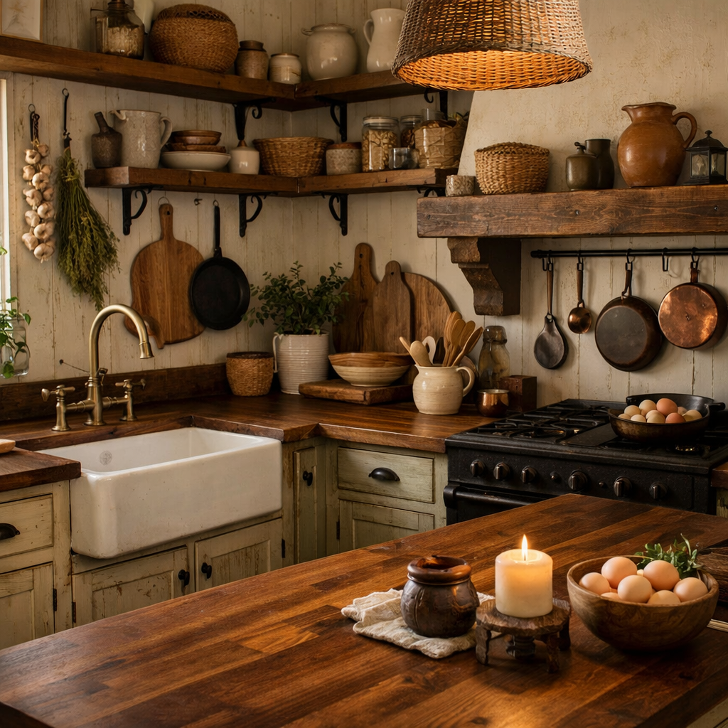 A rustic kitchen featuring walnut countertops, farmhouse sink, and vintage decor.