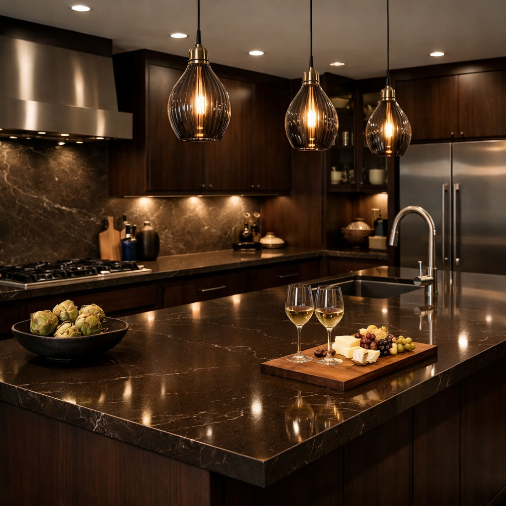 A sophisticated kitchen featuring dark brown quartz countertops, under warm pendant lighting, with a cheese platter and artichokes on display.