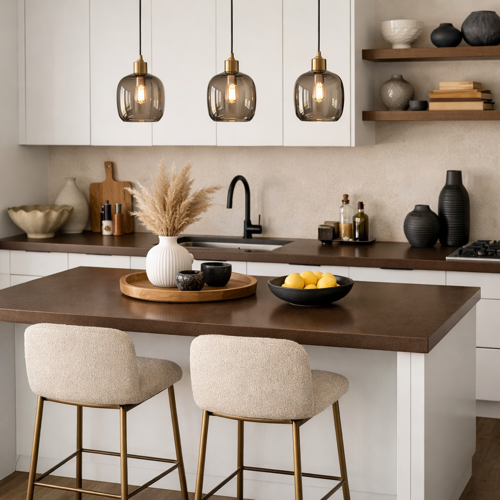 Stylish kitchen featuring brown countertops and white cabinetry with decorative elements.