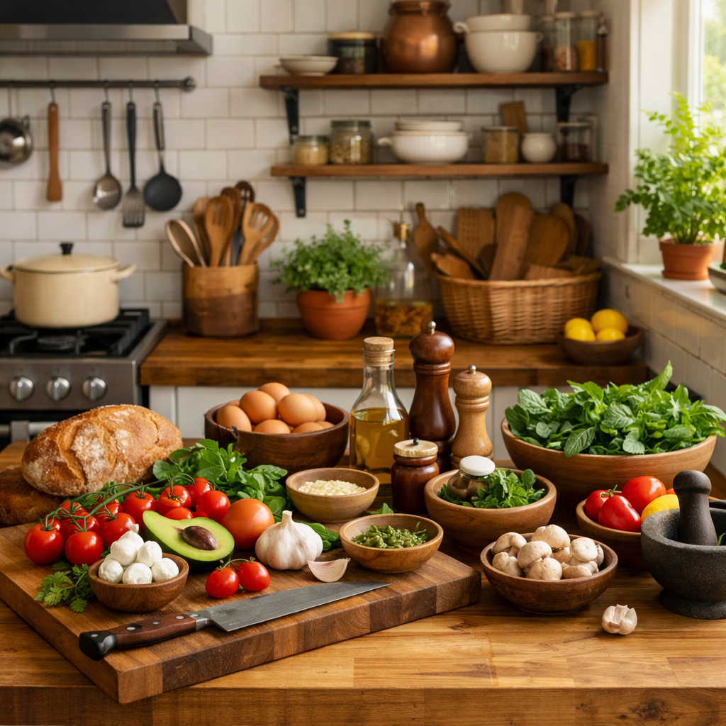 A cozy kitchen with a butcher block countertop, showcasing fresh ingredients including bread, vegetables, and herbs.
