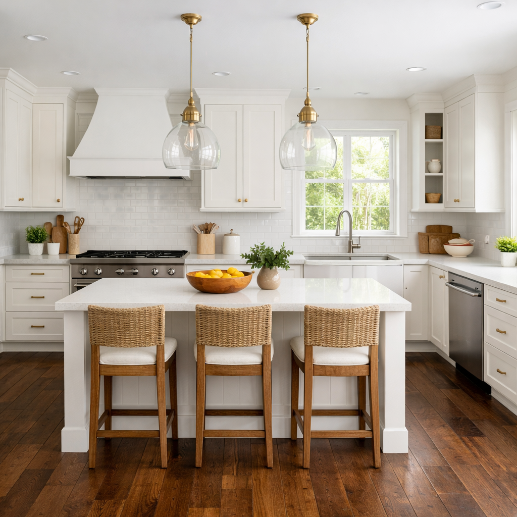 A bright kitchen featuring white walls and dark wood floors, with stylish decor and a modern island.