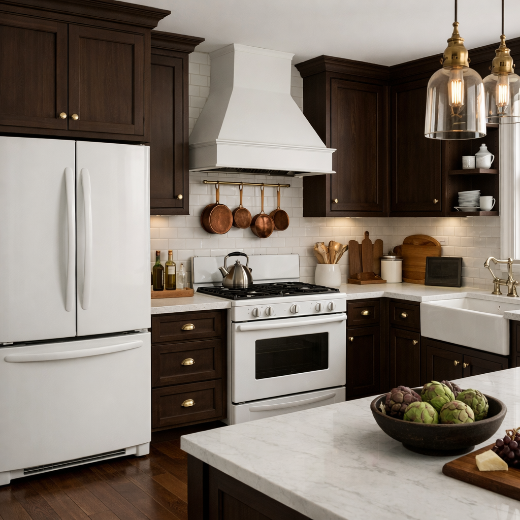 A stylish kitchen featuring dark wood cabinets and white appliances, with a marble countertop and decorative elements.