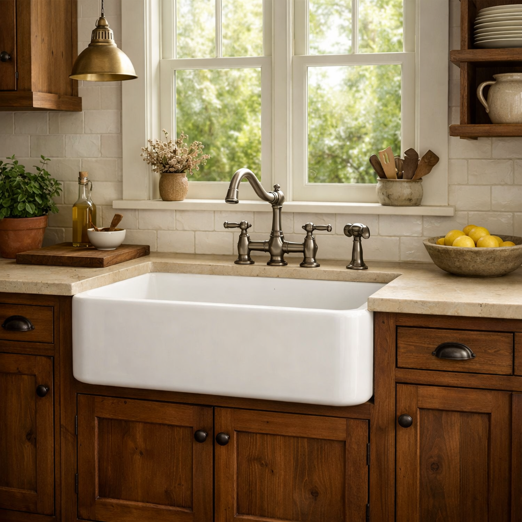 A classic white farmhouse sink surrounded by brown kitchen cabinetry, with a stylish faucet and decorative elements.