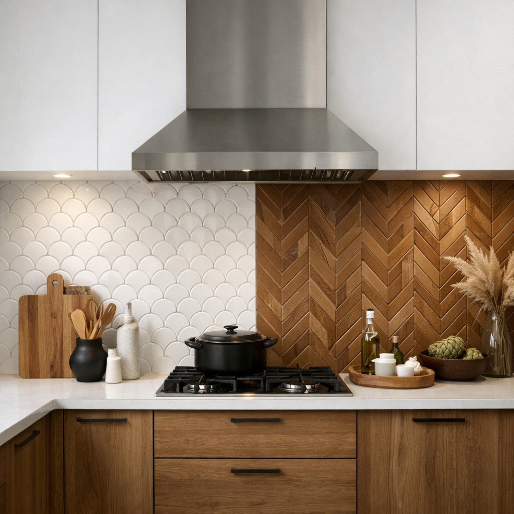 A kitchen showcasing a white fish scale backsplash and a brown herringbone design.