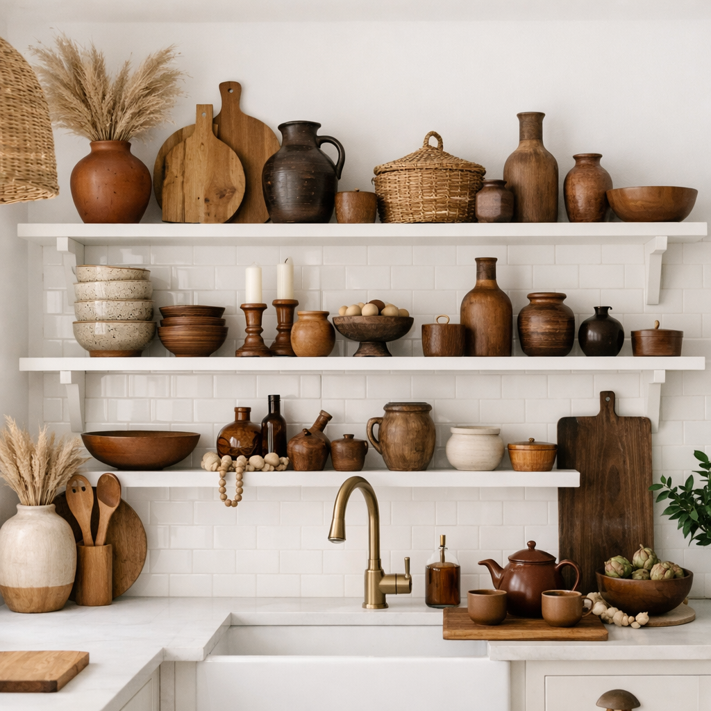 White kitchen shelves displaying brown pottery, wooden decor, and natural elements.