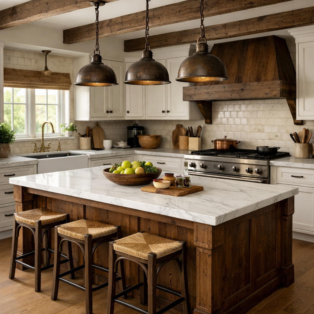Rustic kitchen with a brown wooden island and white marble countertops