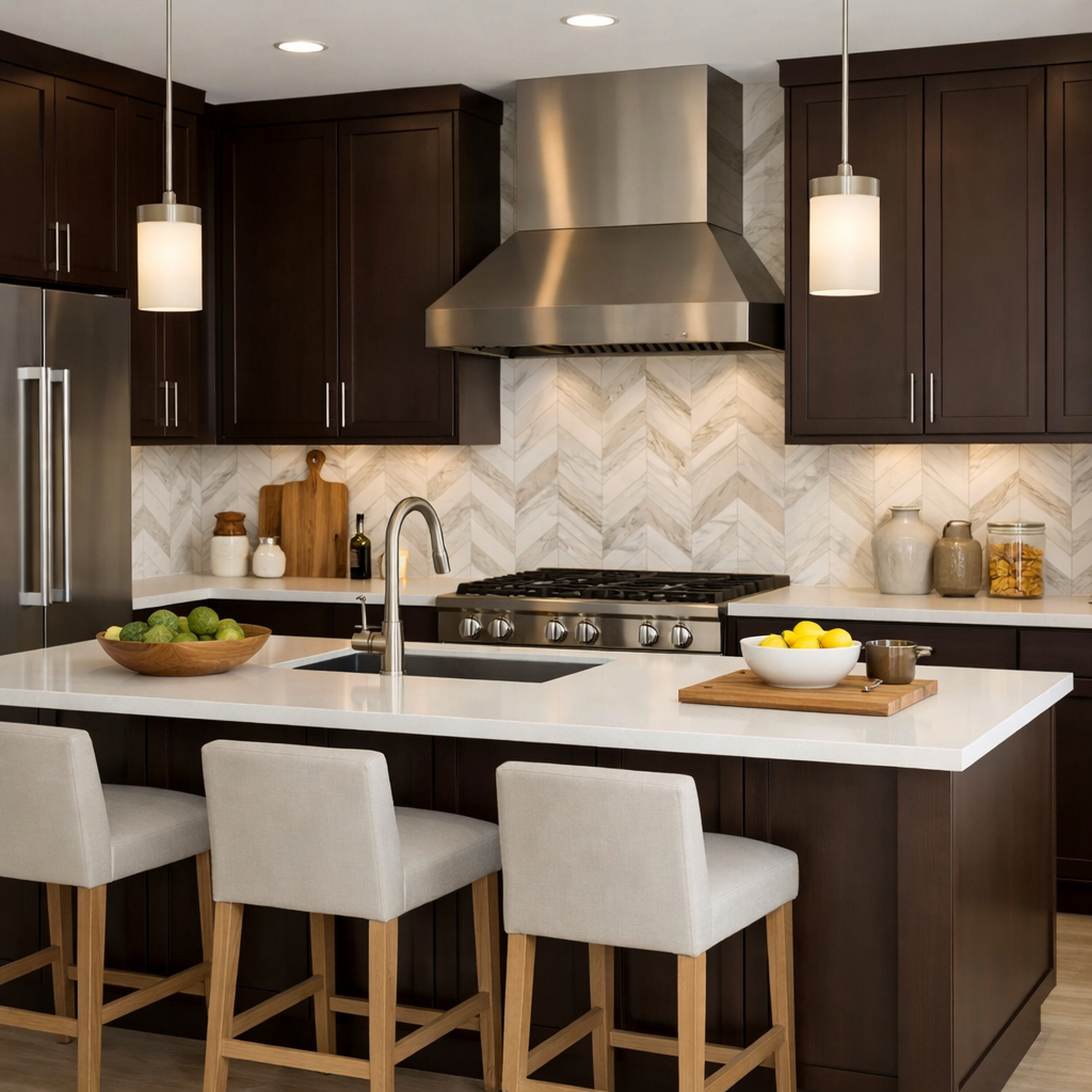 A modern kitchen featuring chocolate brown cabinets, light countertops, and stylish bar stools.