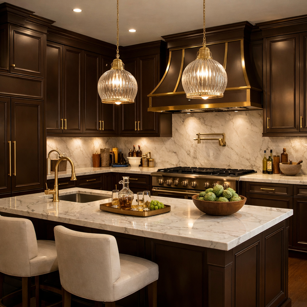 A luxurious brown kitchen with dark cabinets, gold accents, and a marble countertop.