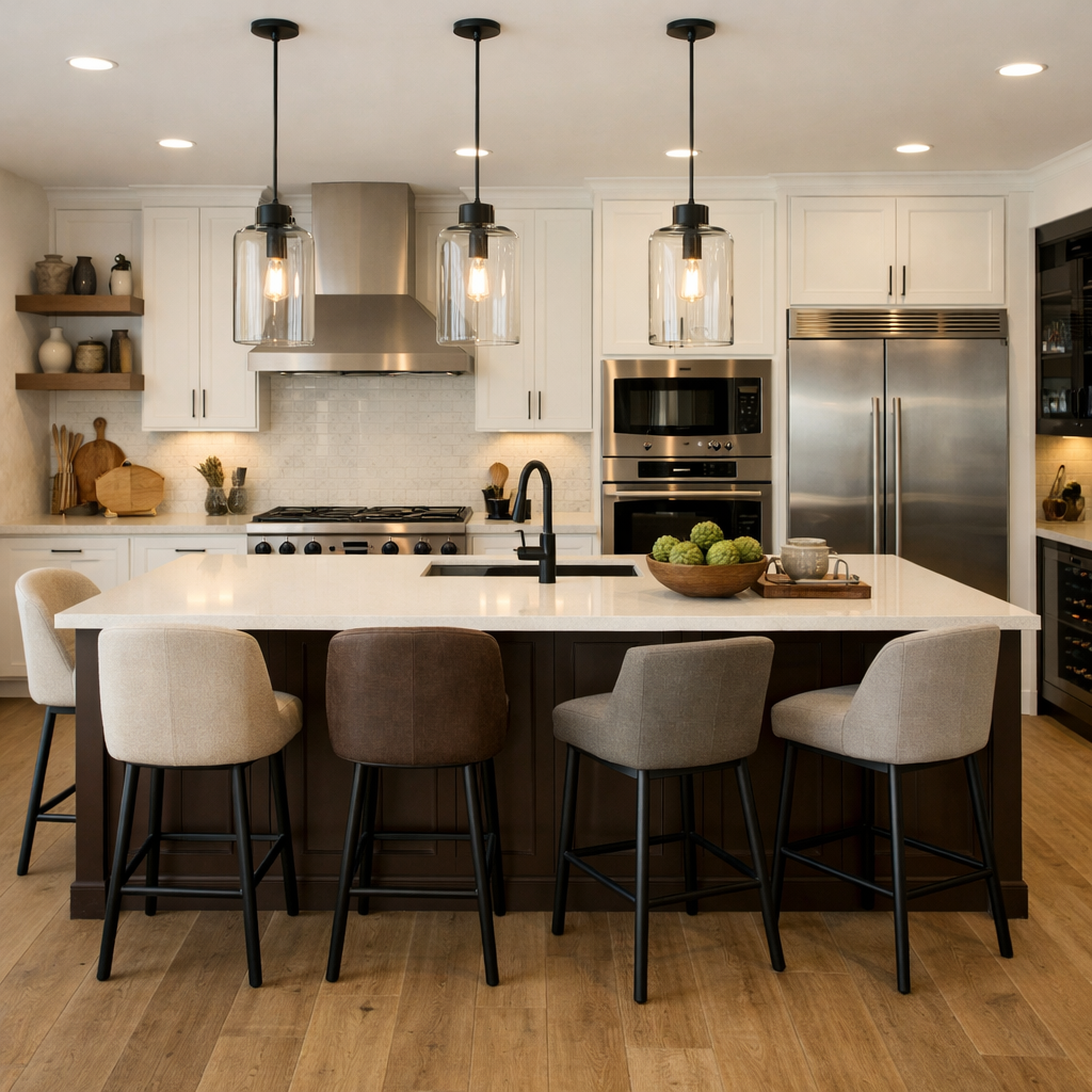 Stylish kitchen with chocolate brown cabinets and modern bar stools around an island.