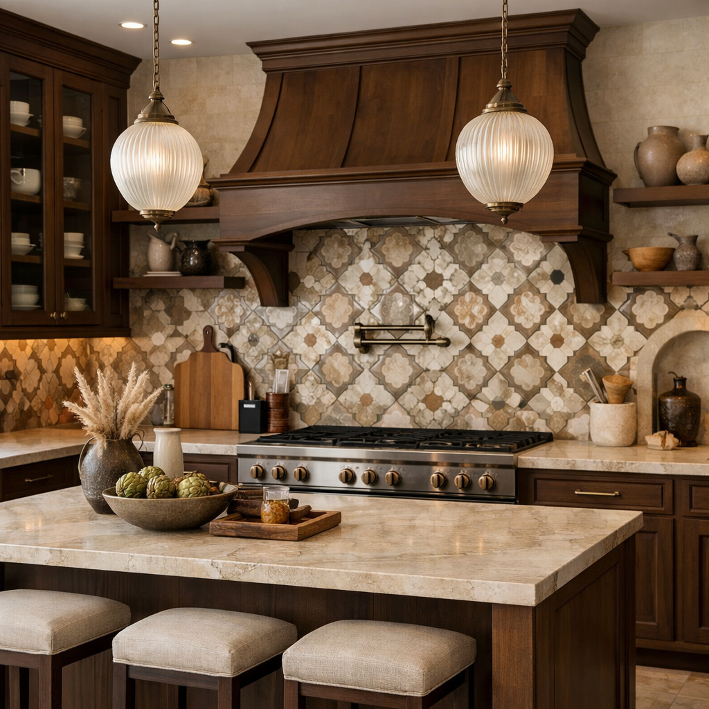 A cozy kitchen featuring a brown and beige color palette with decorative tiles, wooden cabinets, and a marble countertop.