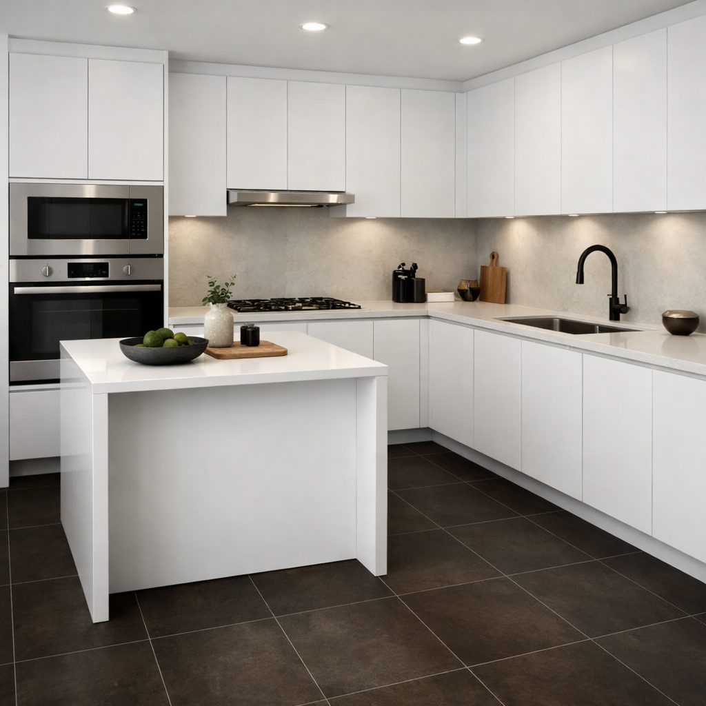 Modern kitchen with dark brown floor tiles, white cabinetry, and minimal decor.