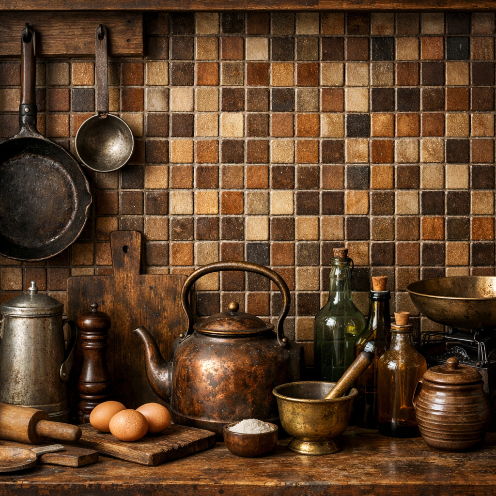 A rustic kitchen with brown mosaic tiles, vintage kitchenware, and wooden surfaces
