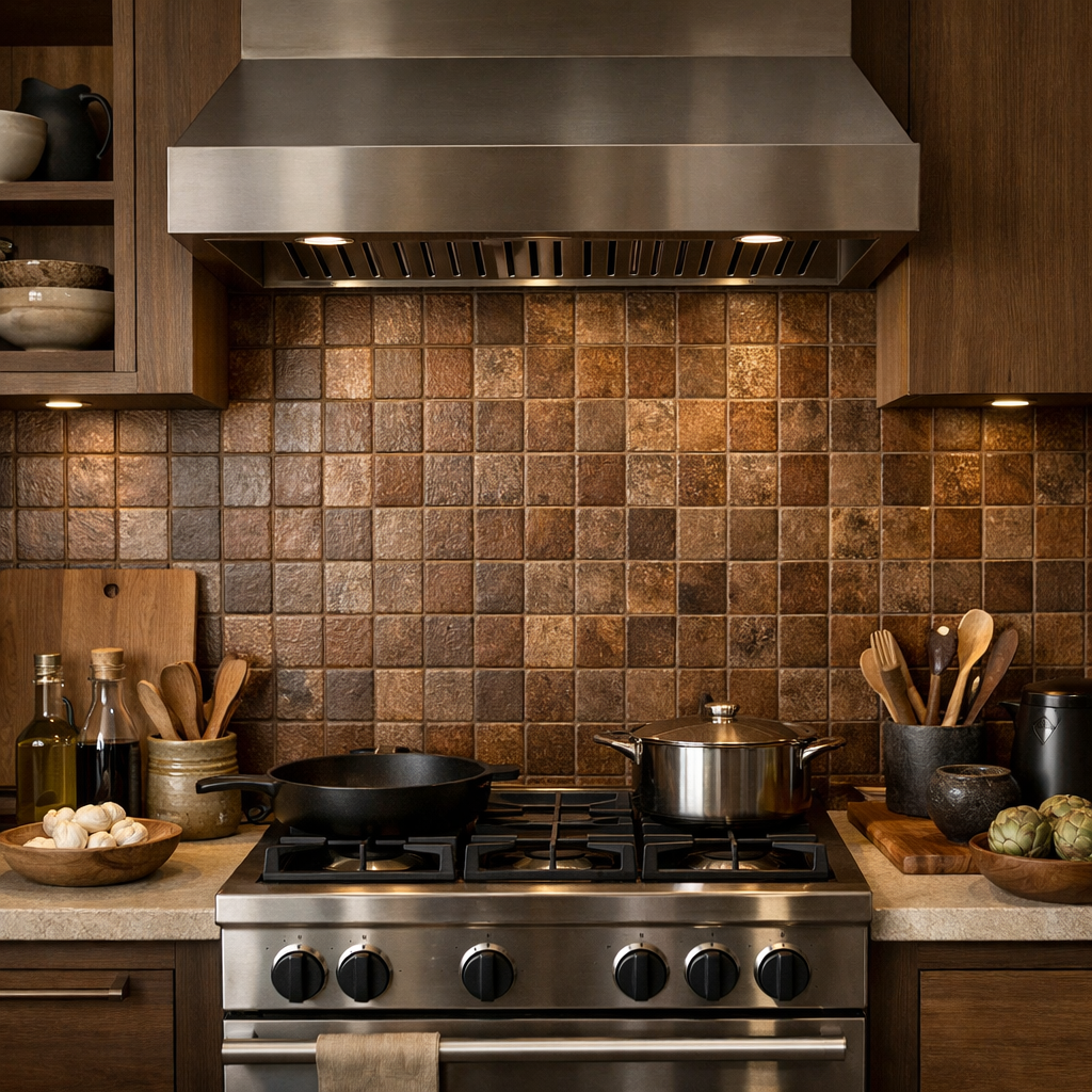 A kitchen featuring textured brown tiles on the wall, a modern stove, and cooking utensils.
