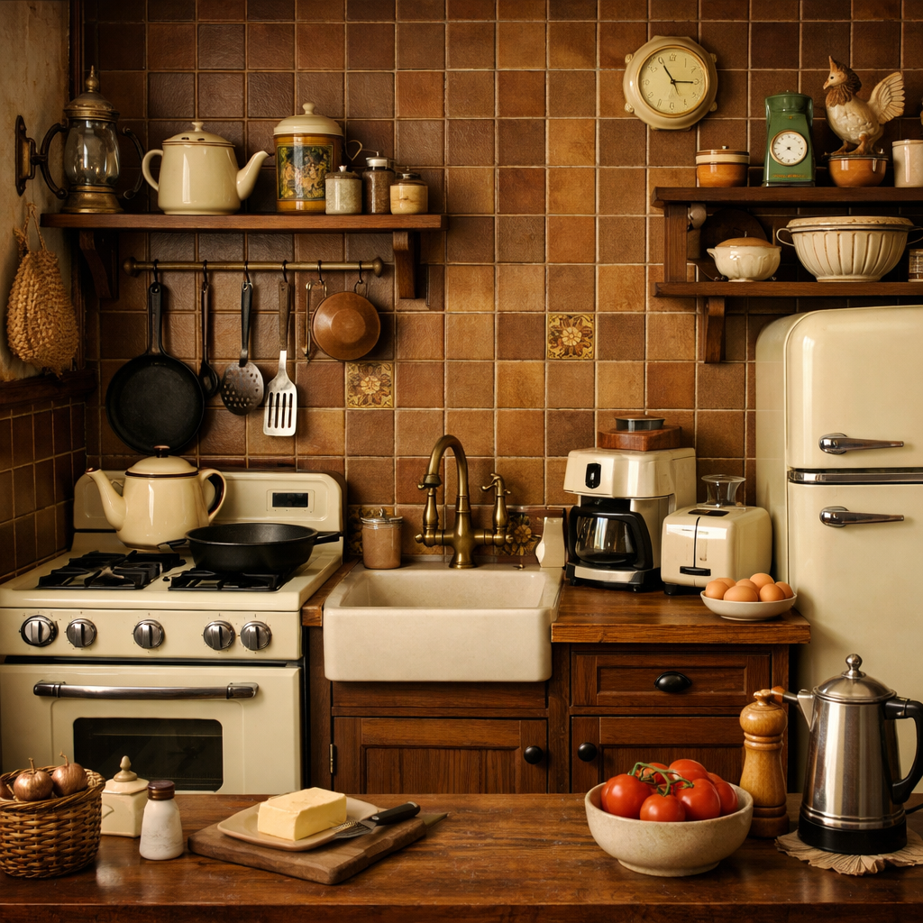 A cozy vintage-style kitchen featuring antique brown tiles, wooden shelves, and retro appliances
