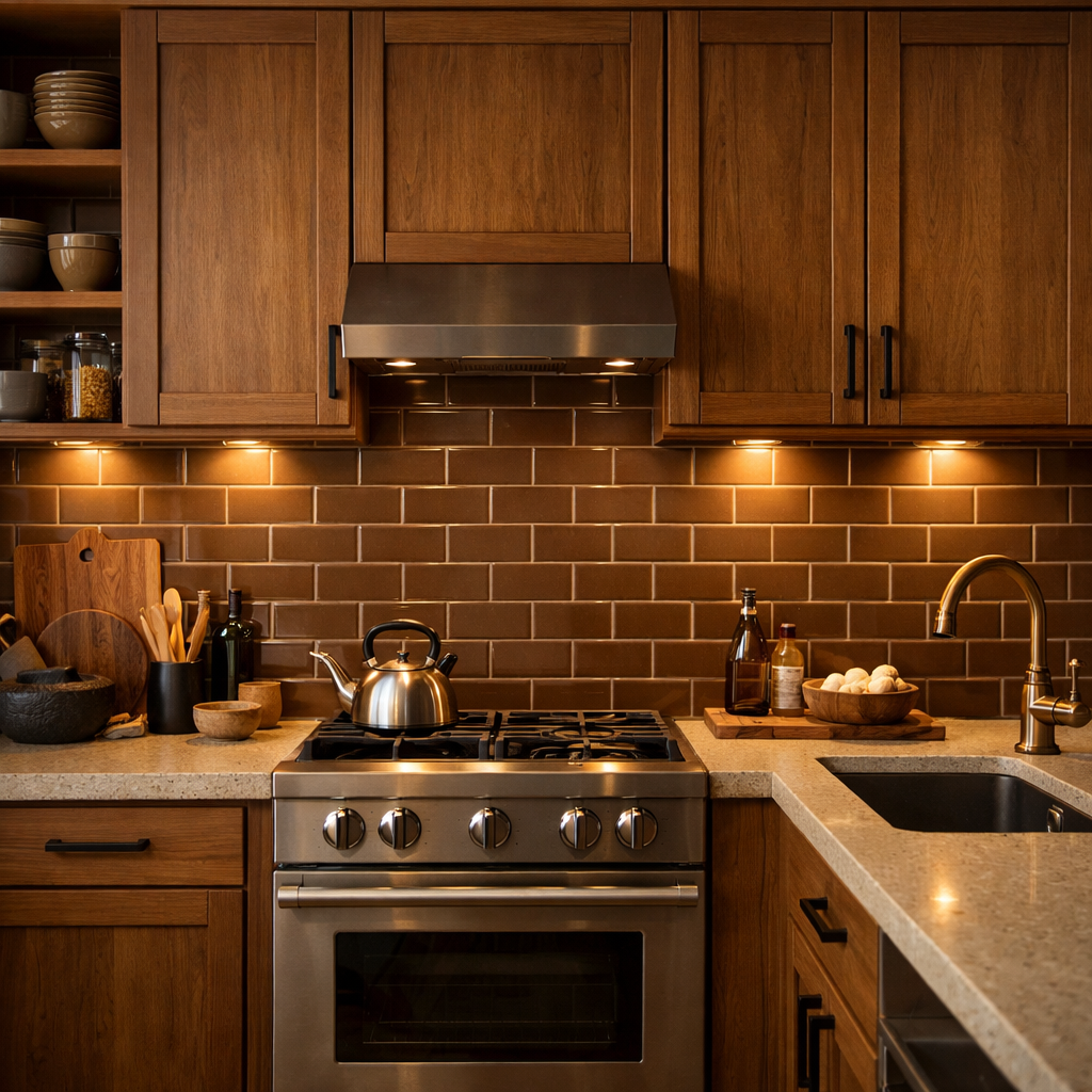 A cozy kitchen featuring warm brown subway tiles and wooden cabinets