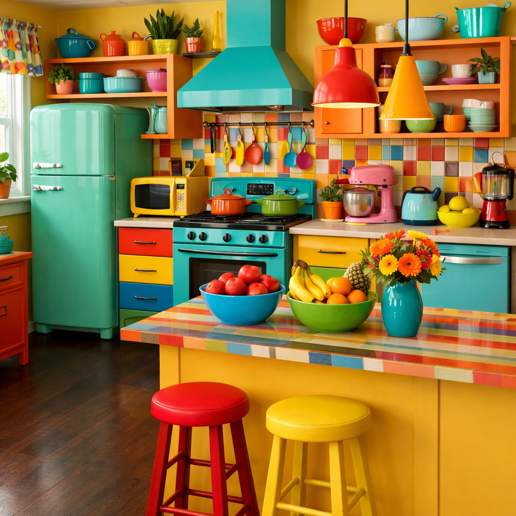 A vibrant kitchen featuring a dark brown floor, colorful appliances, and decor elements.