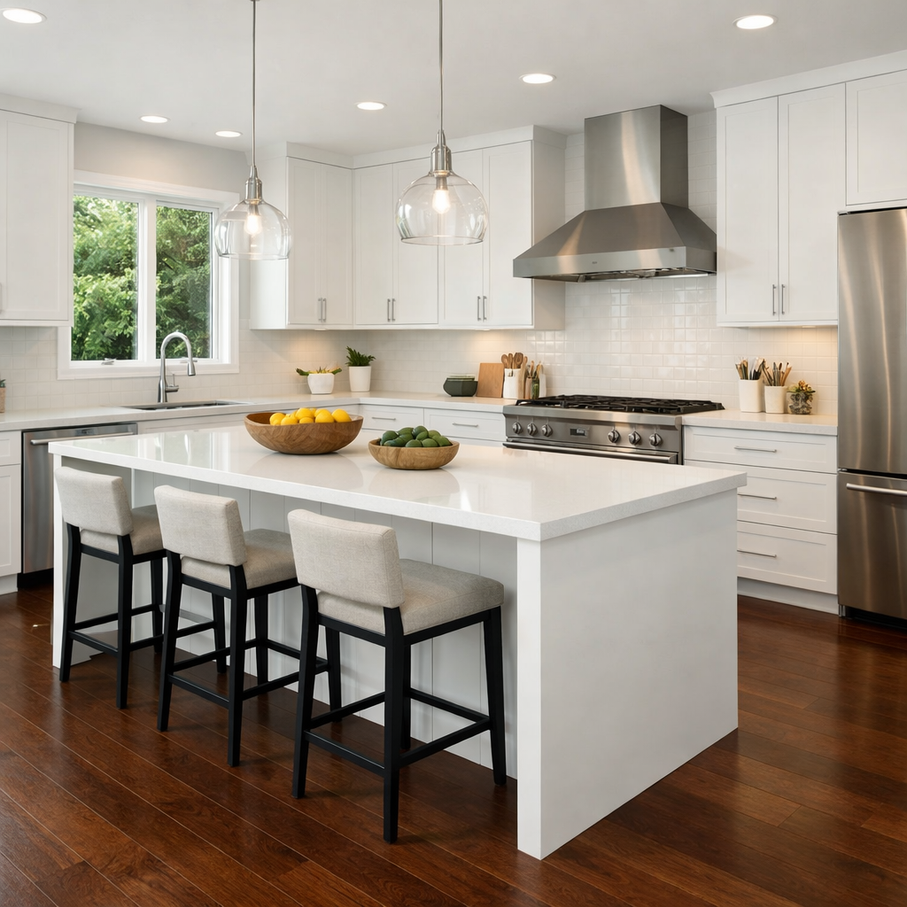A modern kitchen featuring dark brown flooring, white cabinets, and a spacious island with decorative fruits.