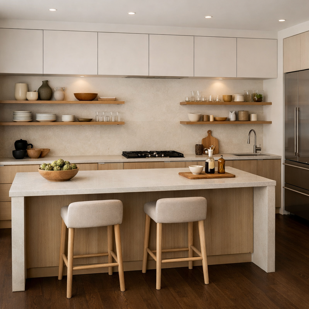 A modern kitchen featuring dark brown flooring, light wooden cabinetry, and minimalistic decor.