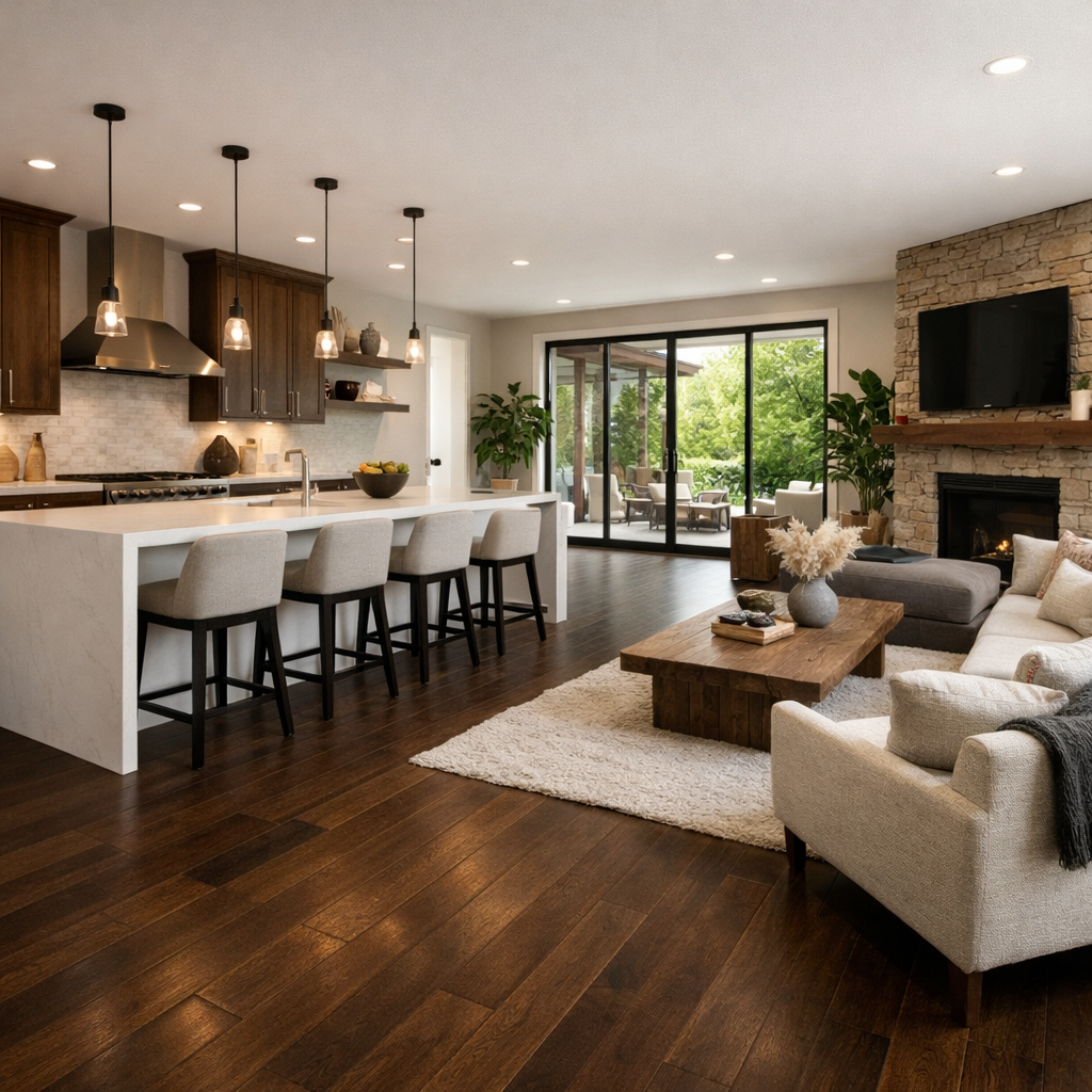 A modern open concept kitchen and living area featuring dark brown floors, a stylish kitchen island, and natural light from sliding doors.