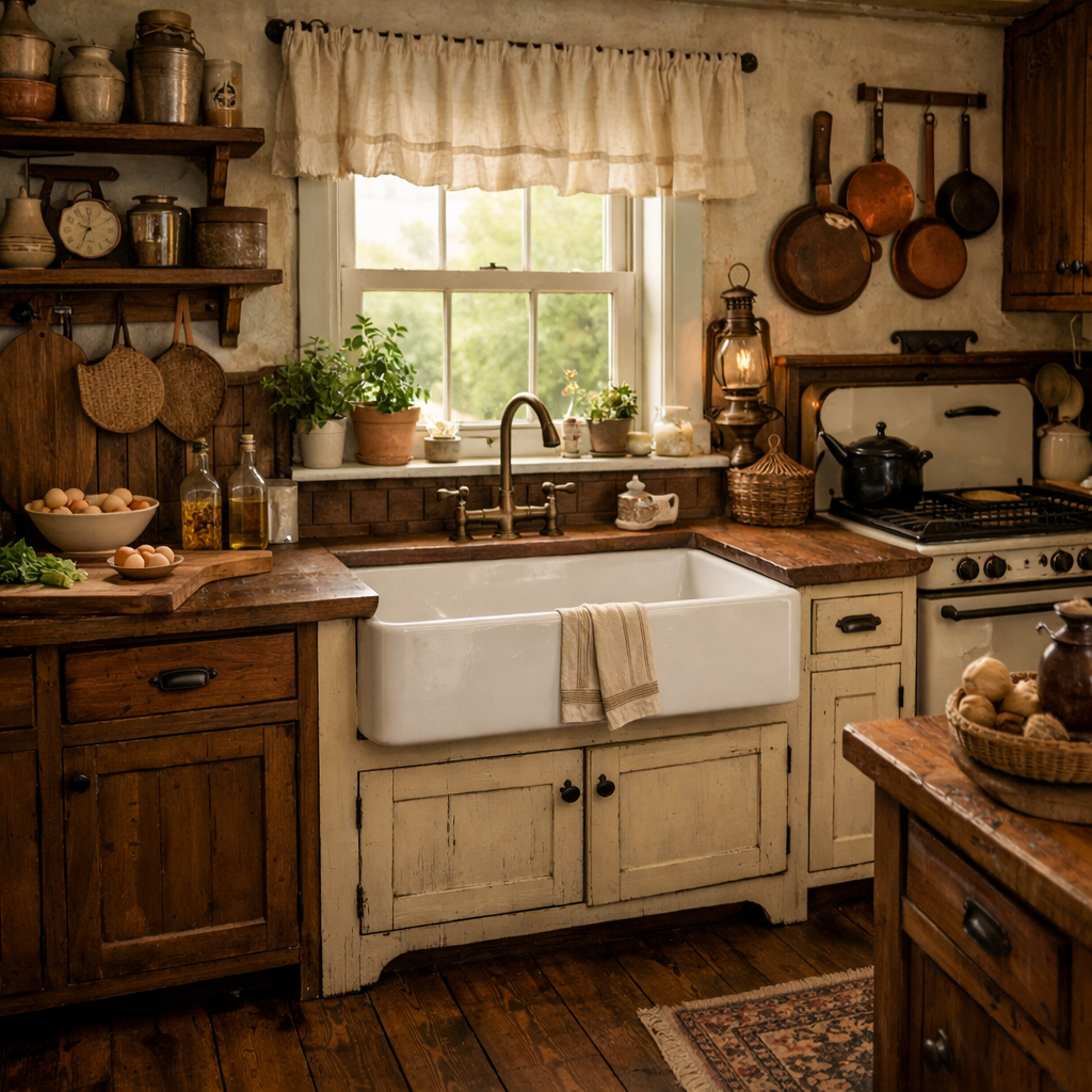 Rustic farmhouse kitchen with dark brown floor
