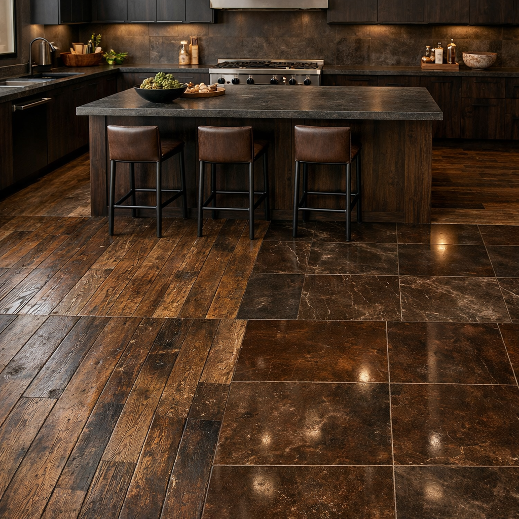 A modern kitchen featuring dark brown textured flooring with wooden planks and stone tiles.
