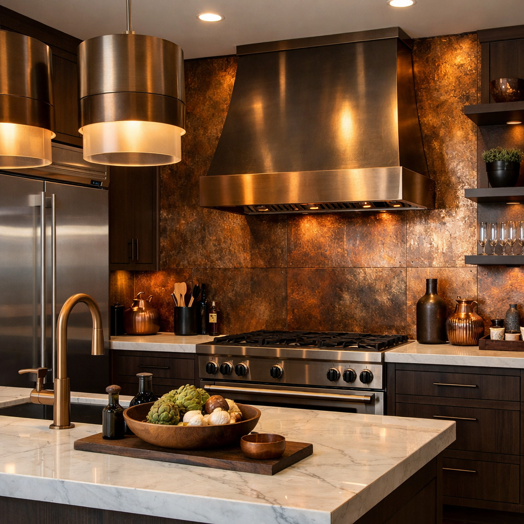 Stylish kitchen with brown backsplash and bronze copper accents