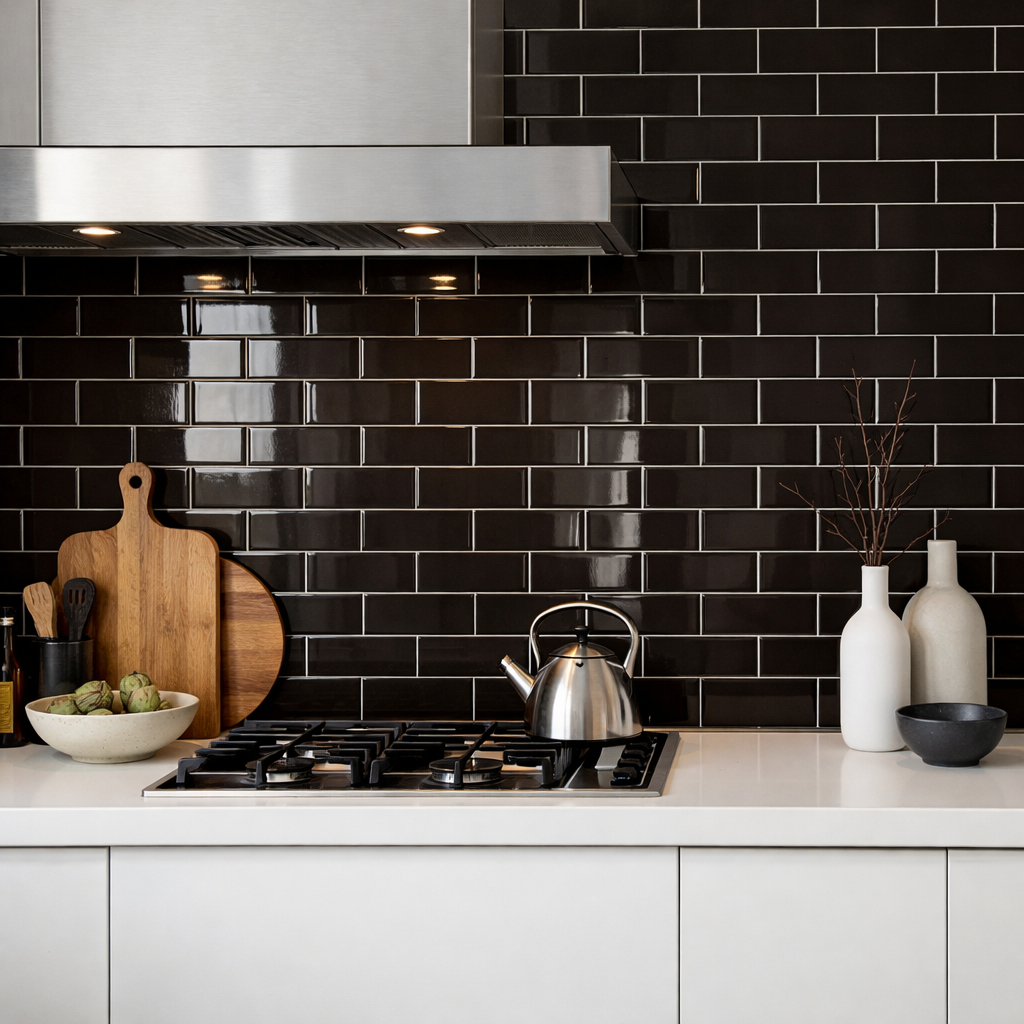 A modern kitchen featuring glossy espresso subway tiles as a backsplash, with a stainless steel hood and white countertop.