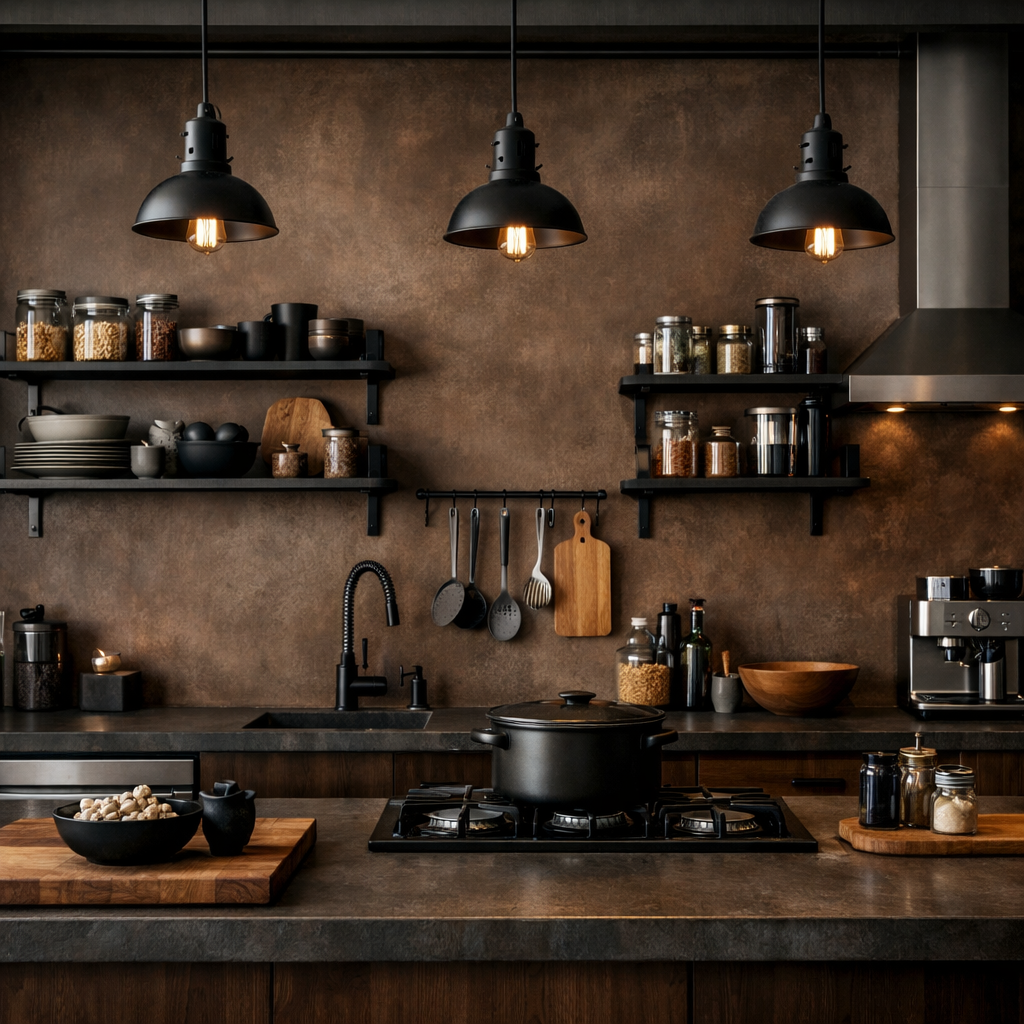Matte brown cement finish kitchen design with black accents and wooden shelves.