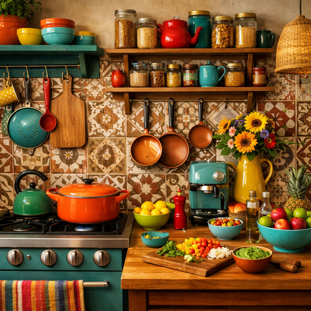 A cozy kitchen featuring patterned brown and cream tiles, colorful utensils, and fresh ingredients on a wooden countertop.