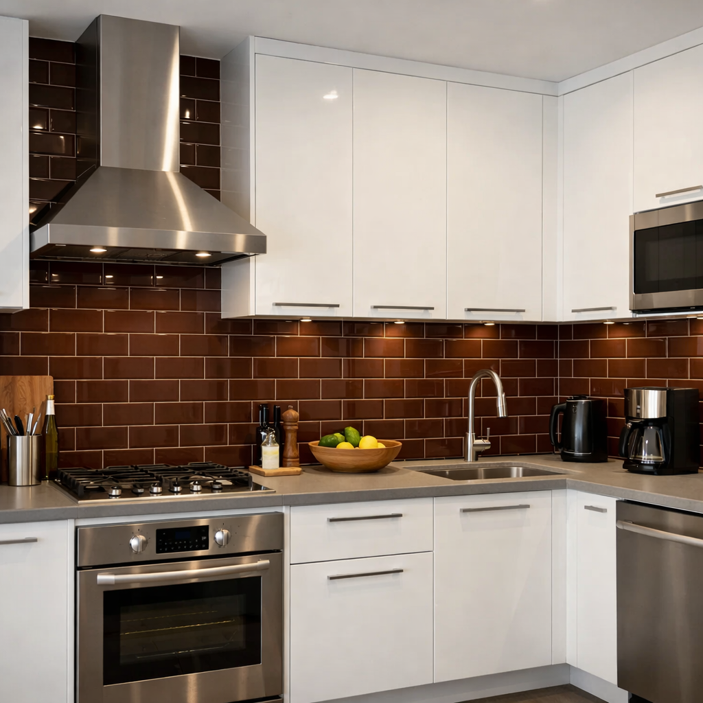 A modern kitchen with chocolate brown tile backsplash, white cabinets, and stainless steel appliances