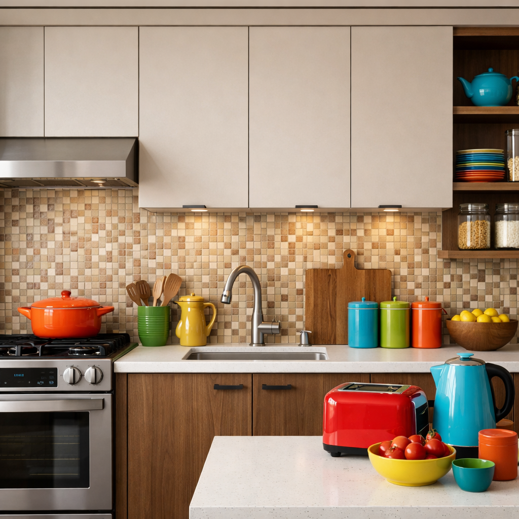 A cozy kitchen featuring a textured beige and brown mosaic backsplash with colorful pots and utensils.