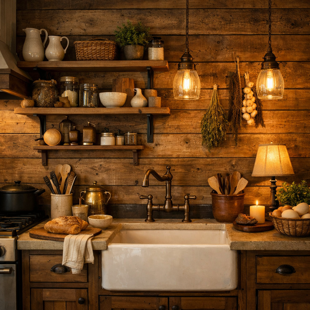 Warm rustic kitchen with wood panels, shelves, and warm lighting.