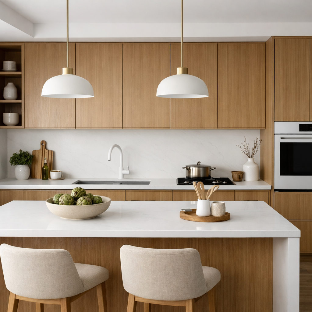 A stylish kitchen featuring light brown cabinetry, white countertops, and modern decor elements.