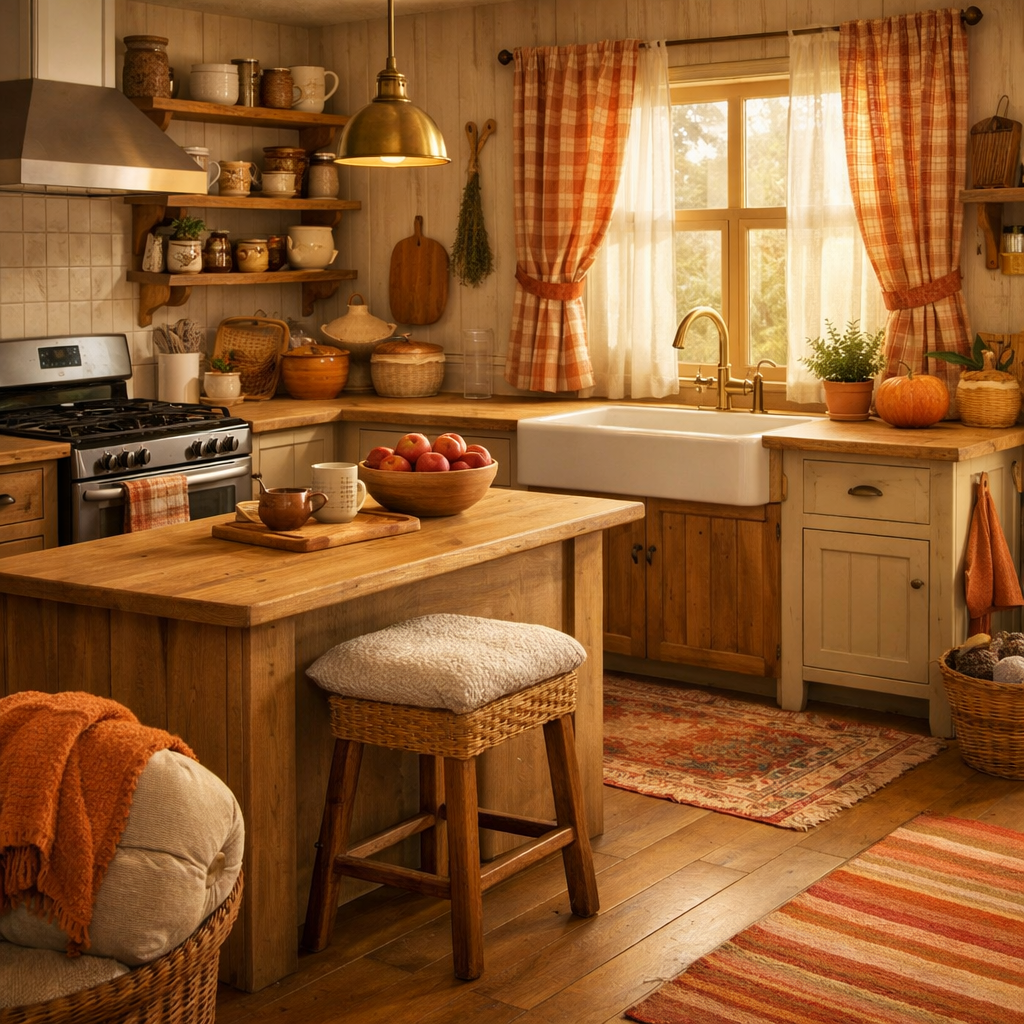 A cozy kitchen with light brown flooring, wooden furniture, and warm textiles.
