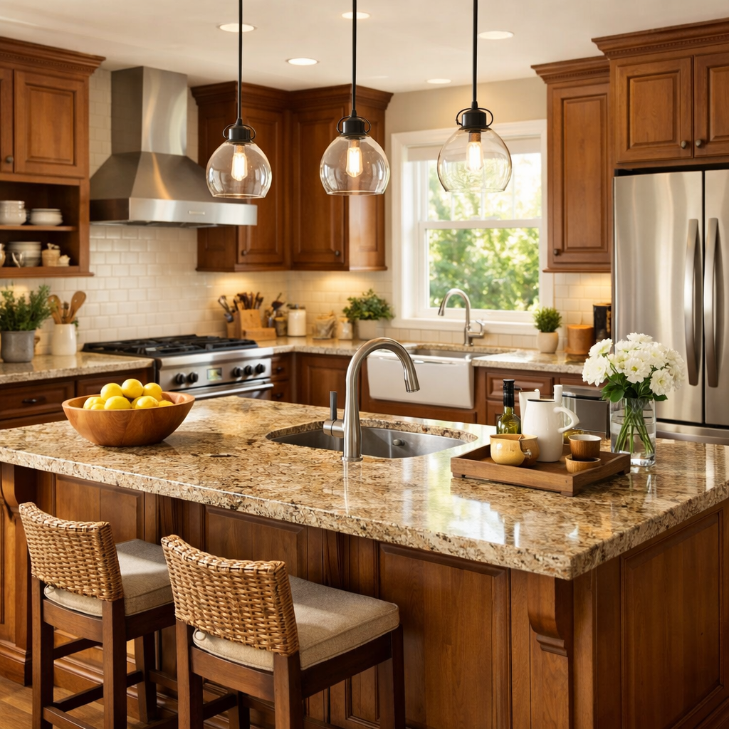 Cozy light brown kitchen with natural light and attractive decor.