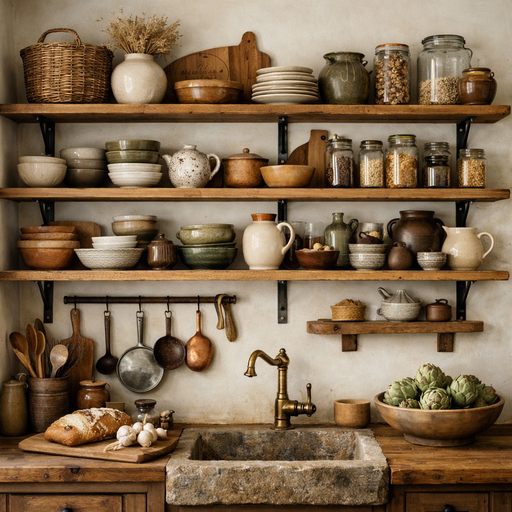 Rustic light brown kitchen with open shelving displaying a variety of pottery, jars, and kitchen utensils.