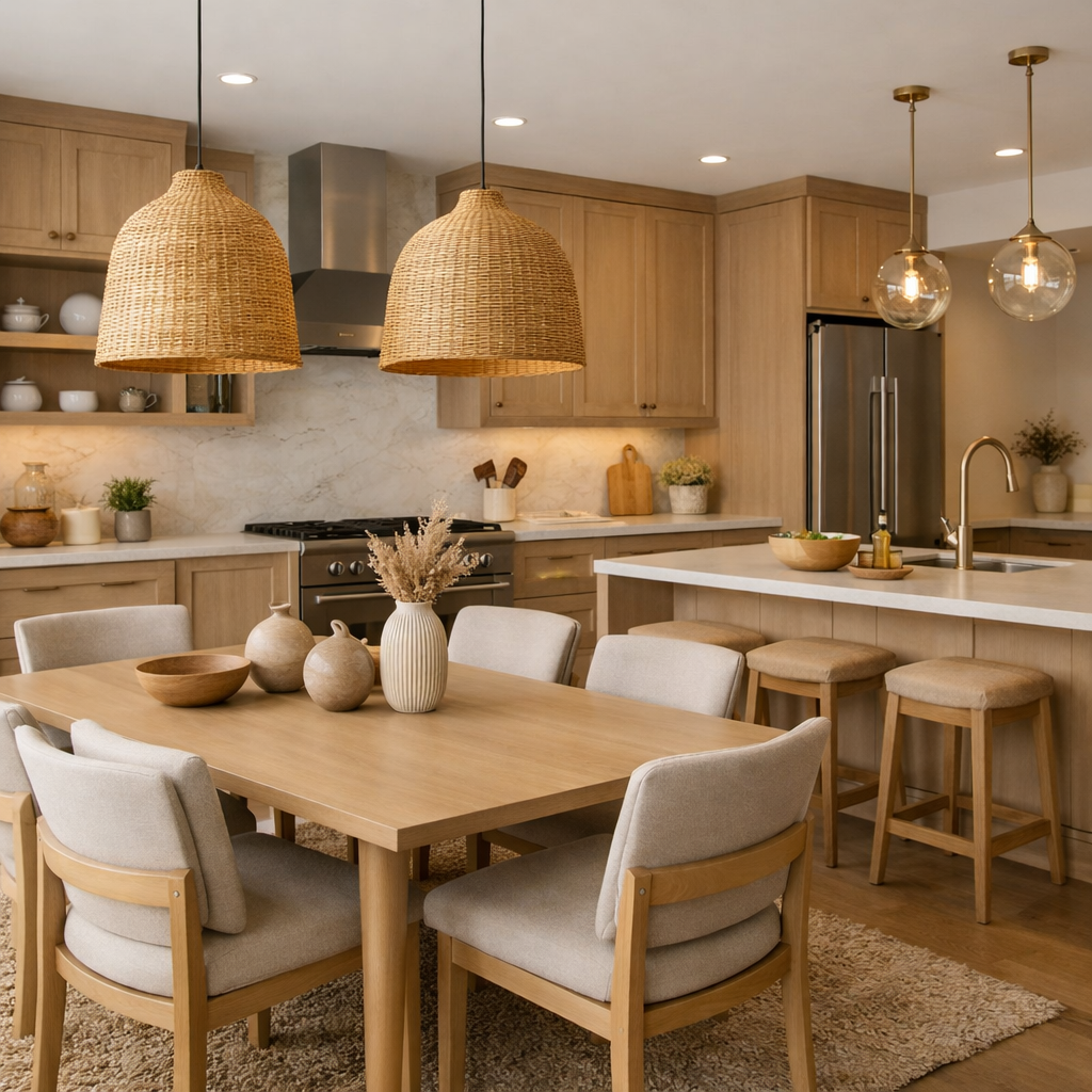Stylish light brown kitchen with wooden cabinets, a cozy dining area, and elegant decor.