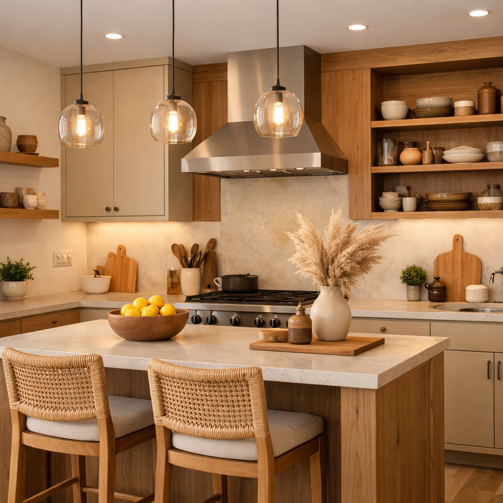 Kitchen featuring warm beige cabinets and natural wood accents, with lighting and decorative elements.