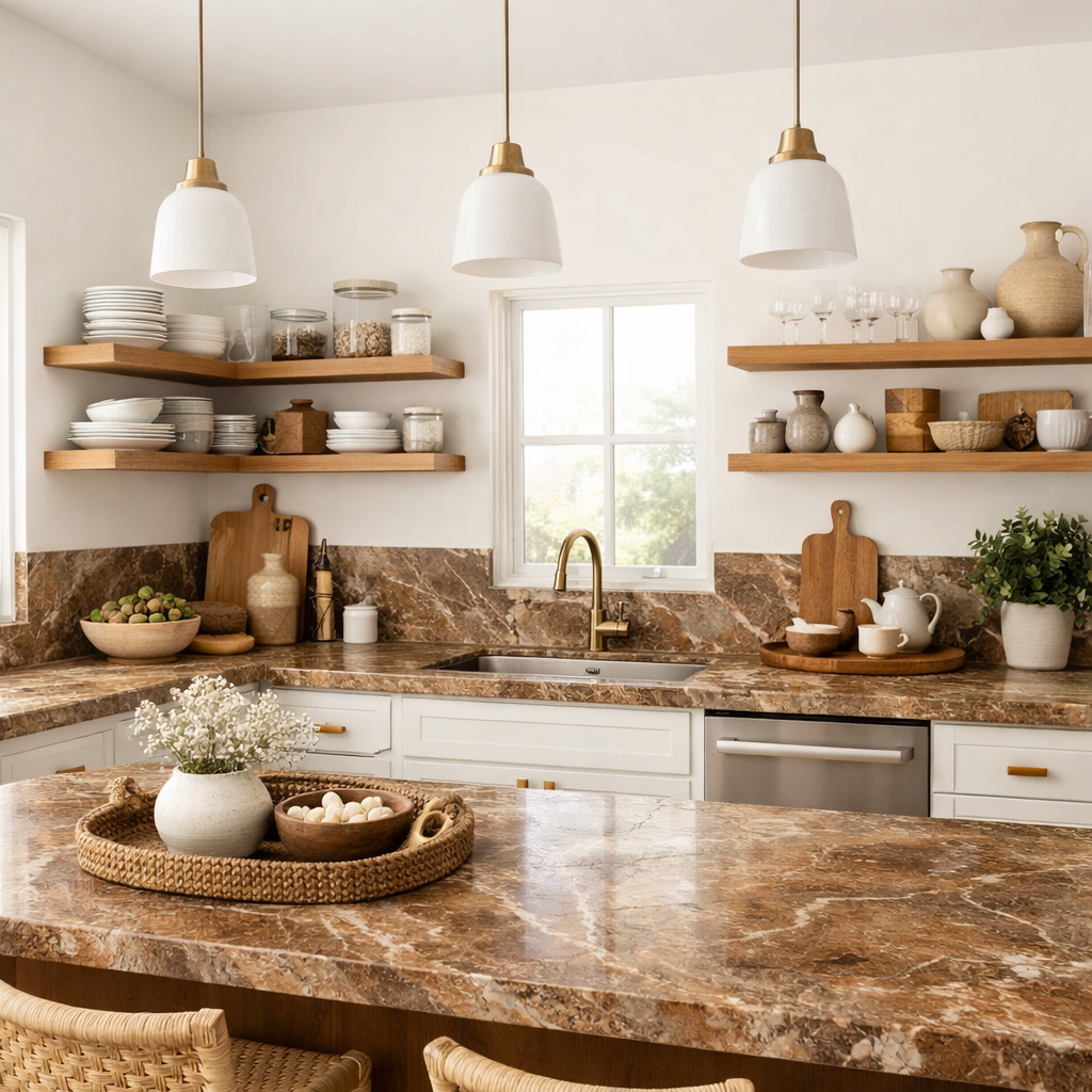 A bright kitchen featuring brown marble countertops, light walls, and open shelving with decorative items