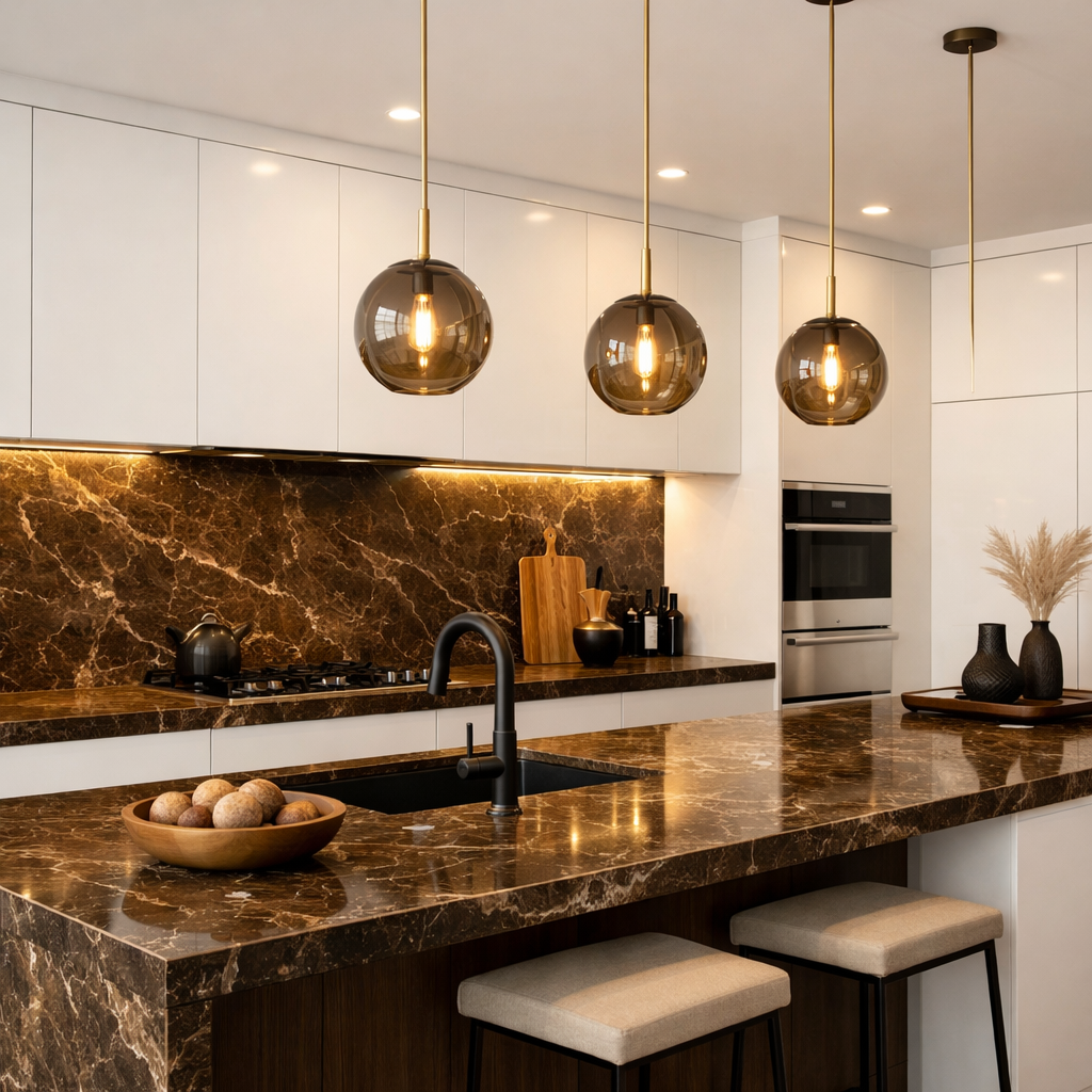 A modern kitchen featuring elegant brown marble countertops with white cabinets and stylish pendant lighting.