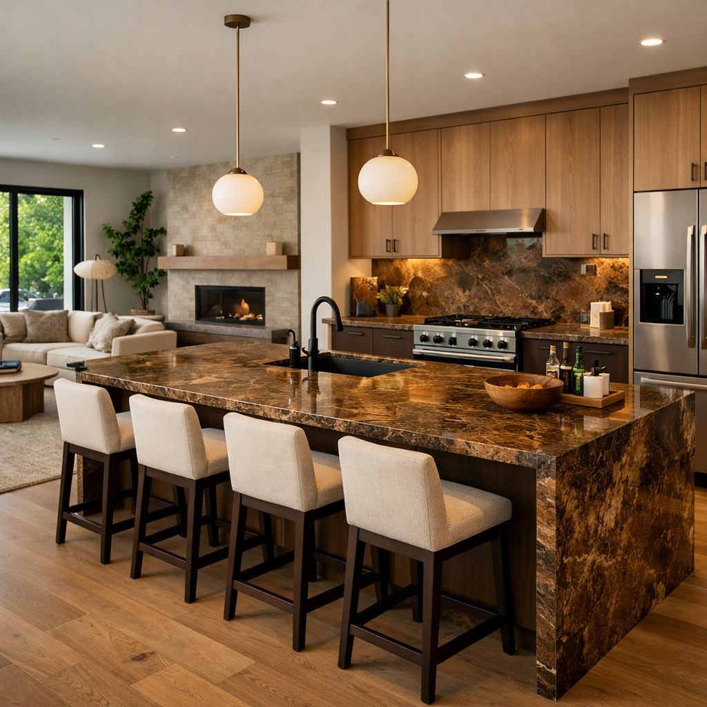 Open concept kitchen with brown marble countertops and a stylish island