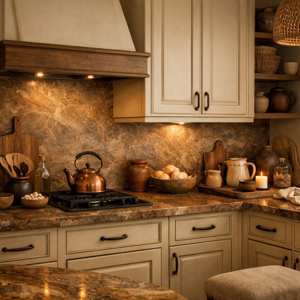 A warm kitchen featuring brown marble countertops with wooden accents and earthy decor.