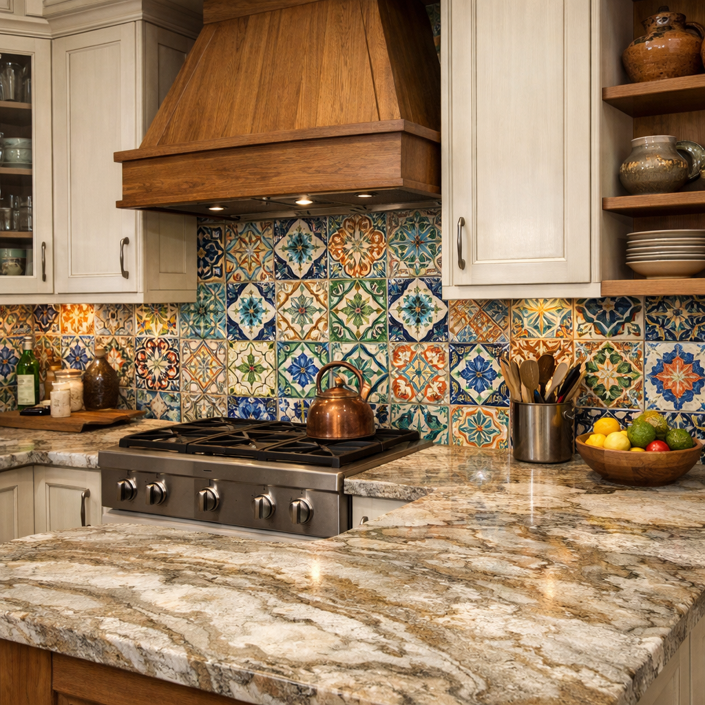 A kitchen with brown granite countertops and a vibrant, colorful tile backsplash