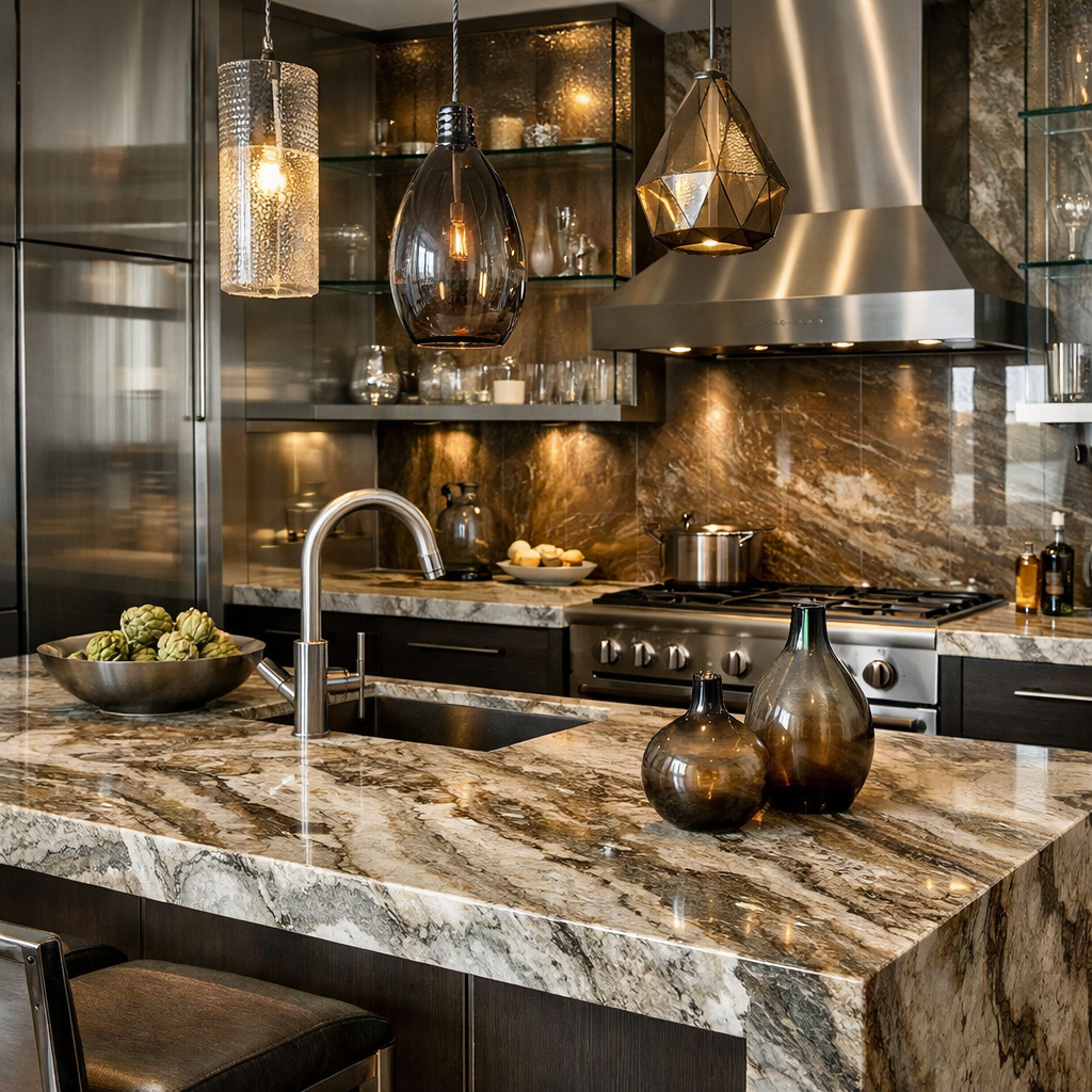 Modern kitchen with brown granite countertops, sleek cabinetry, and stylish lighting fixtures.