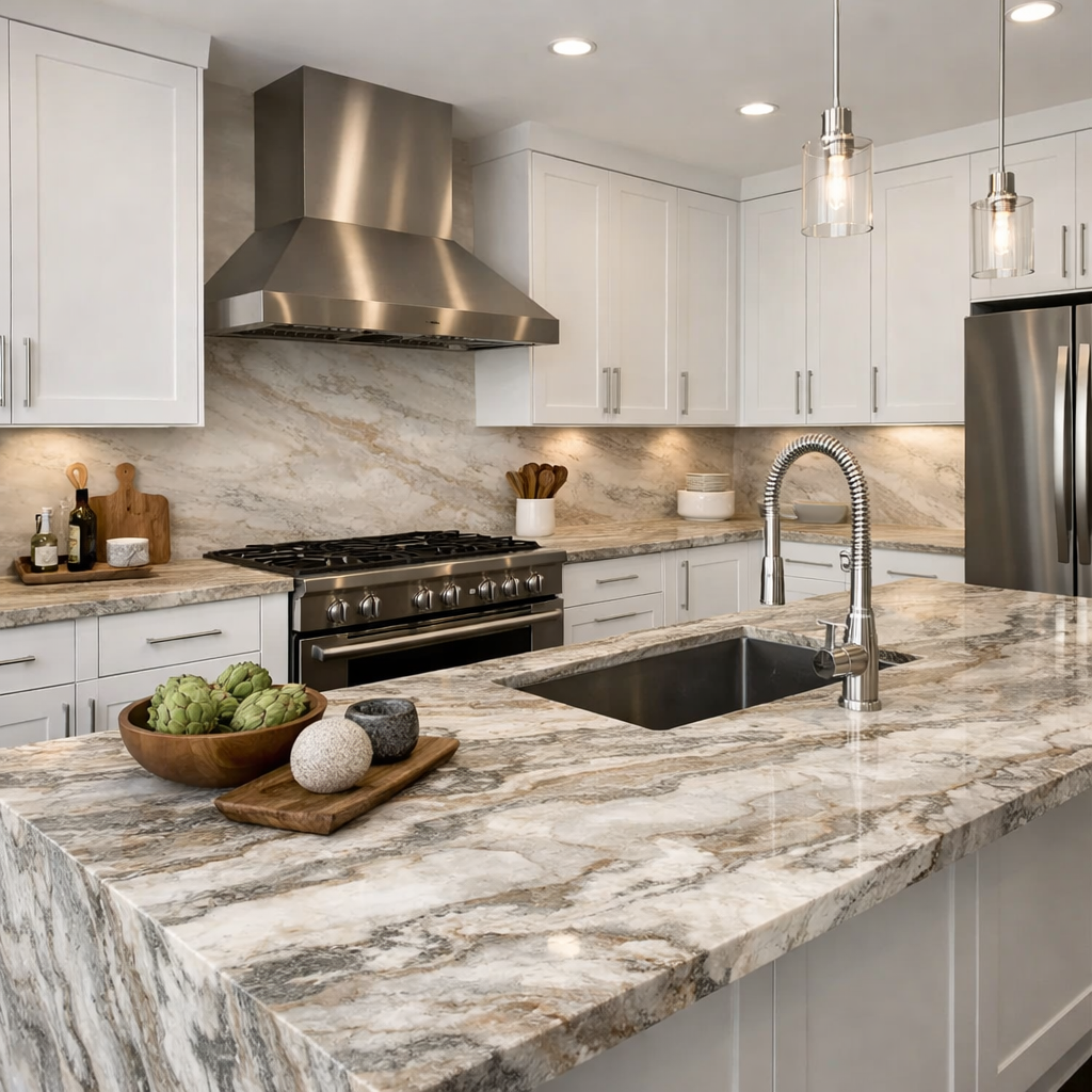 A modern kitchen featuring fantasy brown granite countertops and white cabinets.