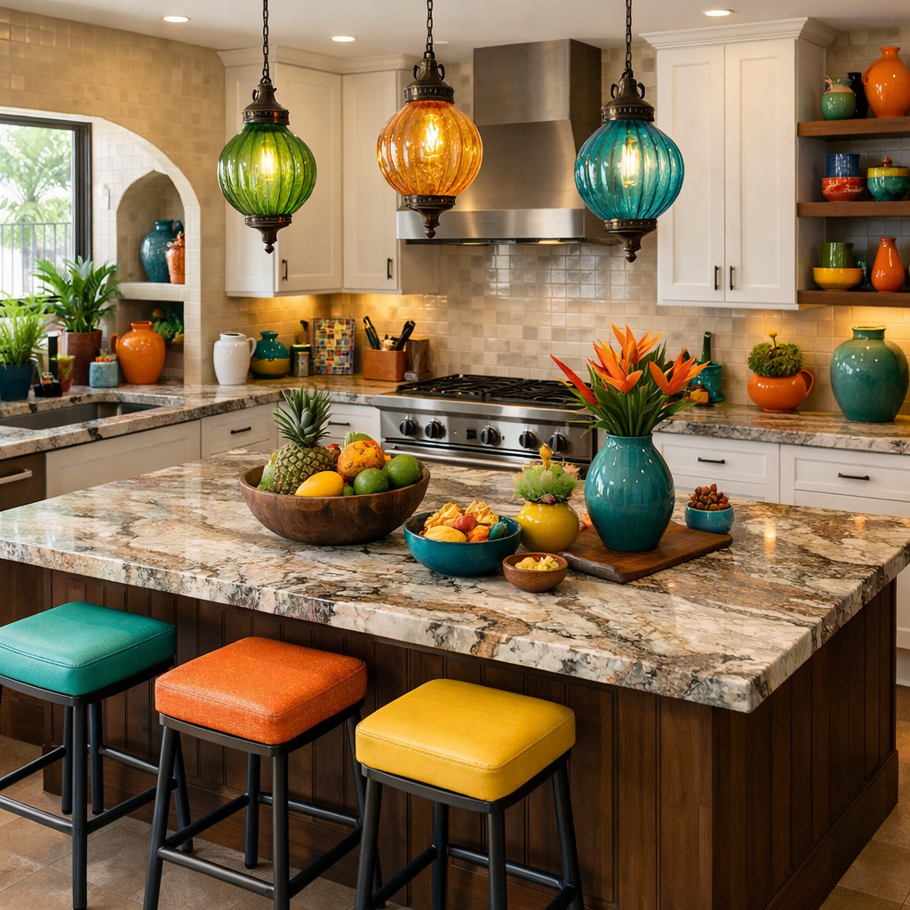 A functional kitchen island featuring brown granite, colorful snacks, and hanging decorative lights.