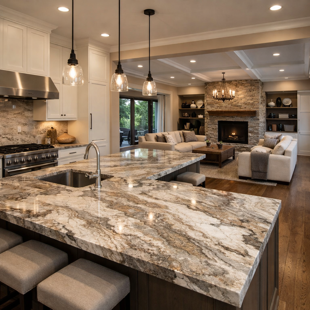 A stylish kitchen with brown granite countertops and an open layout, featuring a cozy living area.